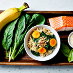 A beautifully arranged display of a diverse, serotonin-boosting diet. The scene features a variety of fresh, healthy ingredients including lean chicken breast, a piece of baked salmon, a bowl of brown rice, a ripe banana, a handful of almonds, a container of plain yogurt, and vibrant green leafy vegetables like spinach. All items are presented on a clean wooden table bathed in soft natural light, highlighting their freshness and appealing textures. The overall image conveys health and well-being. Professional food photography, high quality, sharp focus, inviting presentation, safe for work, appropriate content, family-friendly.