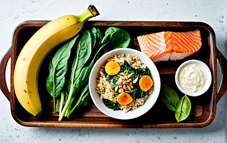 A beautifully arranged display of a diverse, serotonin-boosting diet. The scene features a variety of fresh, healthy ingredients including lean chicken breast, a piece of baked salmon, a bowl of brown rice, a ripe banana, a handful of almonds, a container of plain yogurt, and vibrant green leafy vegetables like spinach. All items are presented on a clean wooden table bathed in soft natural light, highlighting their freshness and appealing textures. The overall image conveys health and well-being. Professional food photography, high quality, sharp focus, inviting presentation, safe for work, appropriate content, family-friendly.