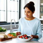 A professional, diverse individual, fully clothed in modest, comfortable attire, standing in a brightly lit, modern kitchen. On a clean counter, a curated display of various high-protein foods is artfully arranged: a bowl of Greek yogurt with fresh berries and a sprinkle of seeds, a plate featuring grilled chicken breast and vibrant steamed vegetables, a small serving of quinoa, and perfectly boiled eggs. The person has a calm, positive, and thoughtful expression, gazing at the healthy meal, conveying a sense of well-being and mental clarity derived from proper nutrition. The setting is clean and inviting, emphasizing a healthy lifestyle. perfect anatomy, correct proportions, natural pose, well-formed hands, proper finger count, natural body proportions, professional photography, high quality, safe for work, appropriate content, fully clothed, professional, family-friendly.