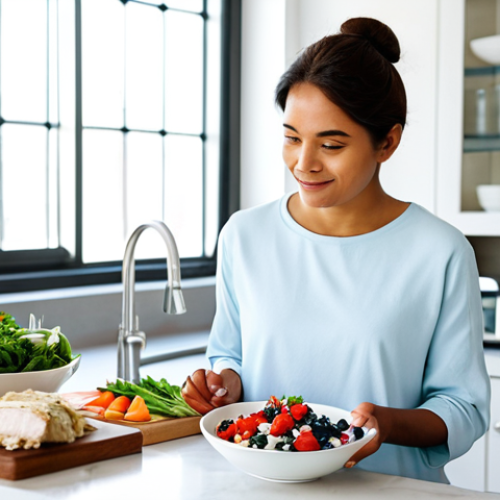 A professional, diverse individual, fully clothed in modest, comfortable attire, standing in a brightly lit, modern kitchen. On a clean counter, a curated display of various high-protein foods is artfully arranged: a bowl of Greek yogurt with fresh berries and a sprinkle of seeds, a plate featuring grilled chicken breast and vibrant steamed vegetables, a small serving of quinoa, and perfectly boiled eggs. The person has a calm, positive, and thoughtful expression, gazing at the healthy meal, conveying a sense of well-being and mental clarity derived from proper nutrition. The setting is clean and inviting, emphasizing a healthy lifestyle. perfect anatomy, correct proportions, natural pose, well-formed hands, proper finger count, natural body proportions, professional photography, high quality, safe for work, appropriate content, fully clothed, professional, family-friendly.