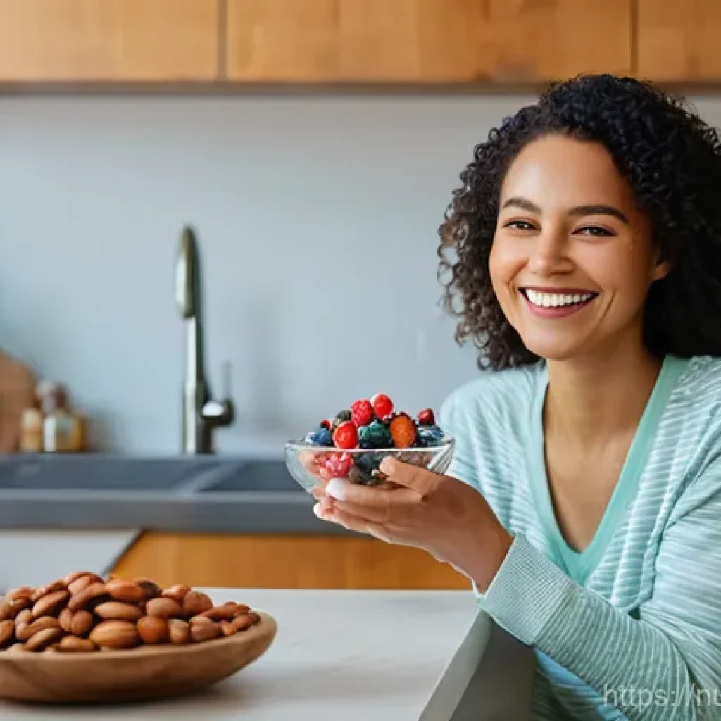 세로토닌을 위한 건강한 지방 섭취 - A cheerful young woman in her late 20s is sitting at a brightly lit kitchen counter, wearing comfort...
