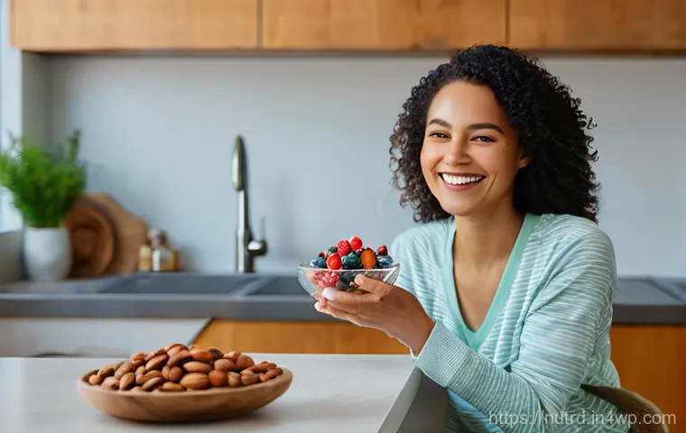 세로토닌을 위한 건강한 지방 섭취 - A cheerful young woman in her late 20s is sitting at a brightly lit kitchen counter, wearing comfort...