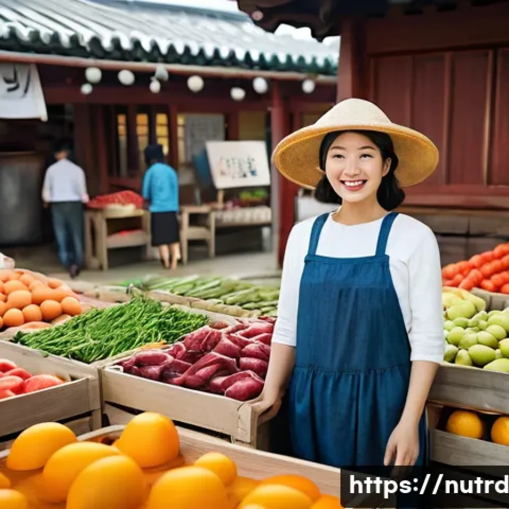 세로토닌을 높이는 지역 식품 - A vibrant farmer's market scene on a sunny day, with a diverse array of fresh, colorful seasonal fru...