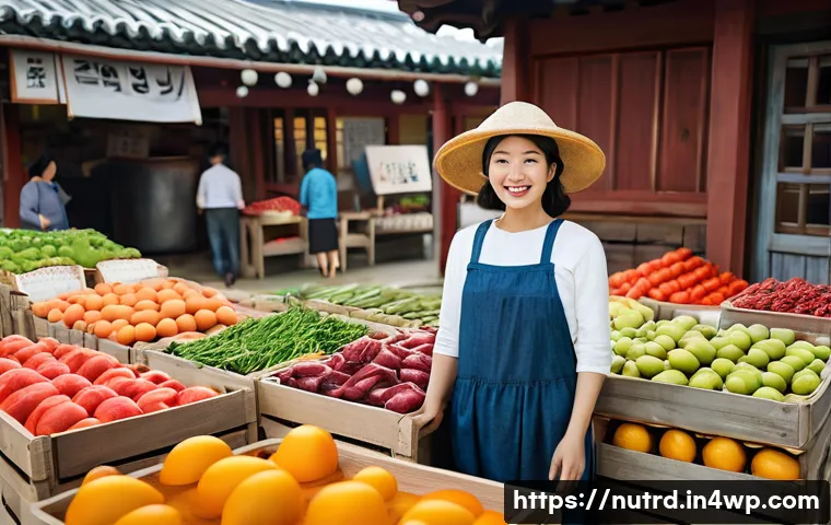 세로토닌을 높이는 지역 식품 - A vibrant farmer's market scene on a sunny day, with a diverse array of fresh, colorful seasonal fru...