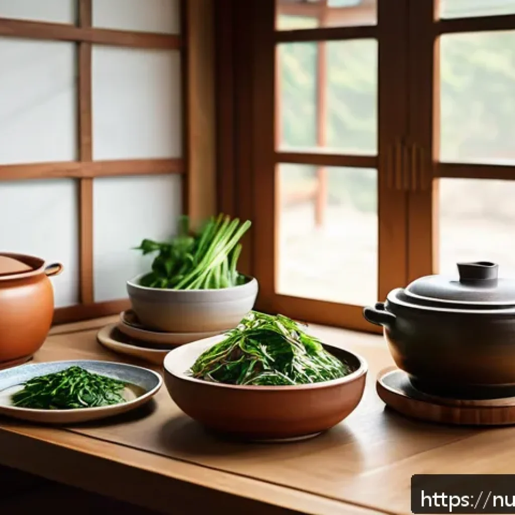 세로토닌을 위한 전통식단 - A cozy traditional Korean kitchen scene featuring a wooden table set with steaming bowls of doenjang...