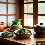 Home 19 세로토닌을 위한 전통식단 - A cozy traditional Korean kitchen scene featuring a wooden table set with steaming bowls of doenjang...