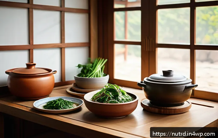 세로토닌을 위한 전통식단 - A cozy traditional Korean kitchen scene featuring a wooden table set with steaming bowls of doenjang...