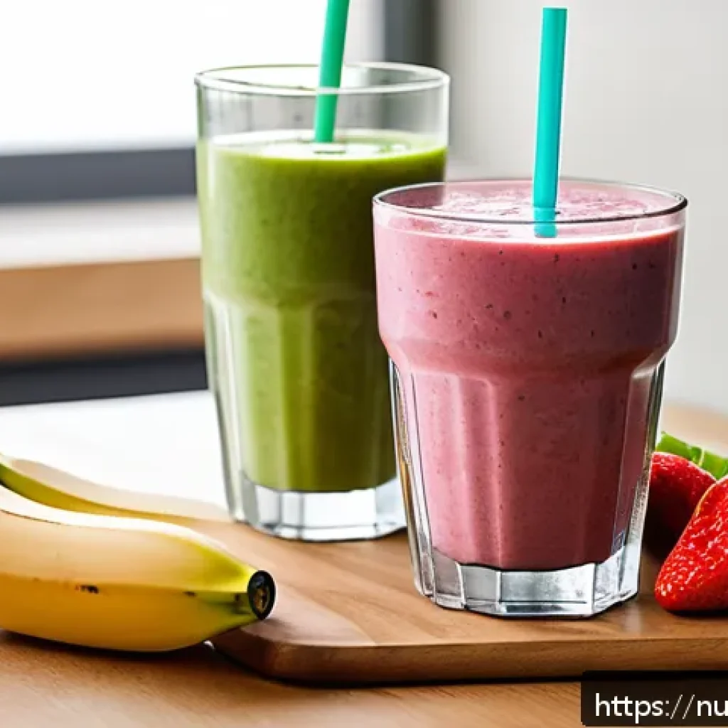 세로토닌을 높이는 스무디 만들기 - A vibrant and fresh smoothie preparation scene featuring a clear glass filled with creamy banana and...