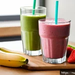 Home 23 세로토닌을 높이는 스무디 만들기 - A vibrant and fresh smoothie preparation scene featuring a clear glass filled with creamy banana and...