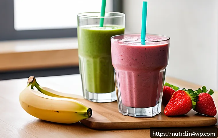 세로토닌을 높이는 스무디 만들기 - A vibrant and fresh smoothie preparation scene featuring a clear glass filled with creamy banana and...
