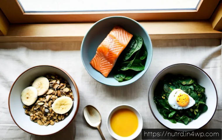 음식으로 세로토닌 수치 조절하기 - Photorealistic overhead kitchen table scene showing serotonin-supportive whole foods arranged clearl...