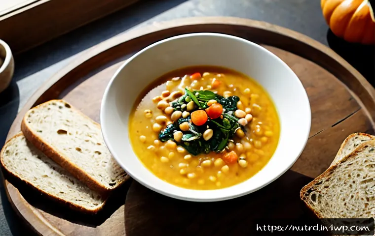 Home 17 세로토닌을 높이는 수프 레시피 - Photorealistic overhead food scene of a comforting serotonin-supporting soup, golden lentil and vege...