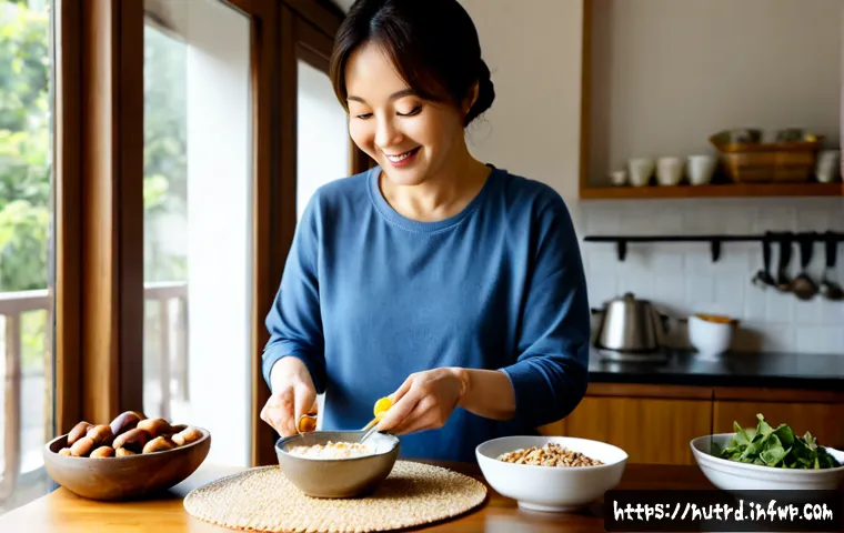 Home 17 세로토닌과 식습관 변화 - Photorealistic morning kitchen scene, a cheerful middle-aged woman preparing a balanced serotonin-su...